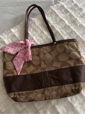 Coach Brown Signature Canvas Tote with Pink Scarf Accent